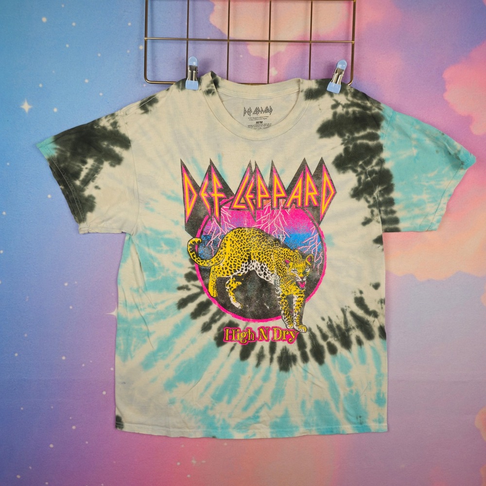 Def Leppard Graphic Tee Unisex Medium Blue Tie Dye Good High N Dry Rock Shirt